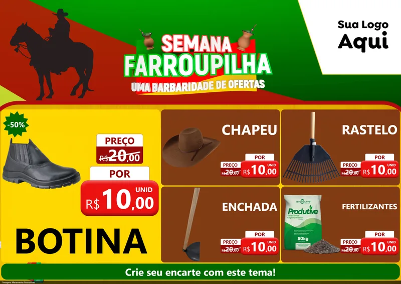 Modelo de Encarte para Encarte A4 Horizontal com o tema Semana Farroupilha - Uma Barbaridade de Ofertas para Agropecuária