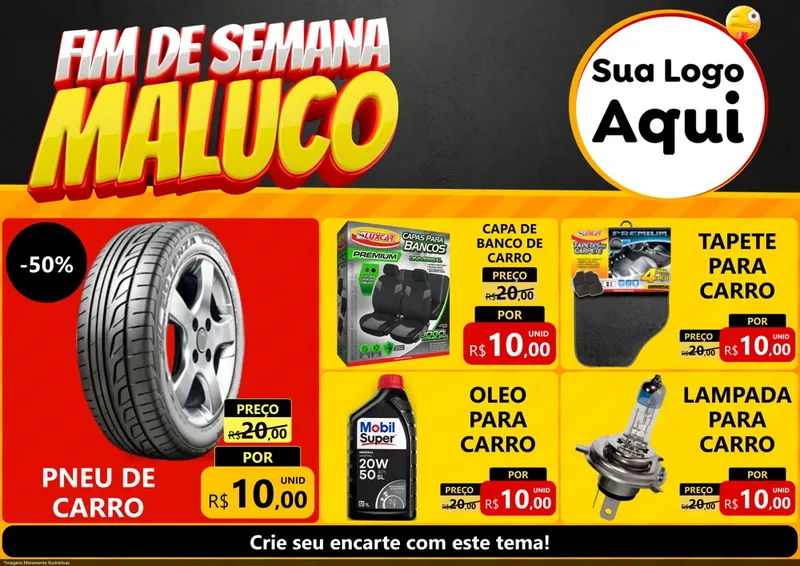Modelo de Encarte para Encarte A4 Horizontal com o tema Final de Semana Maluco para Auto peças