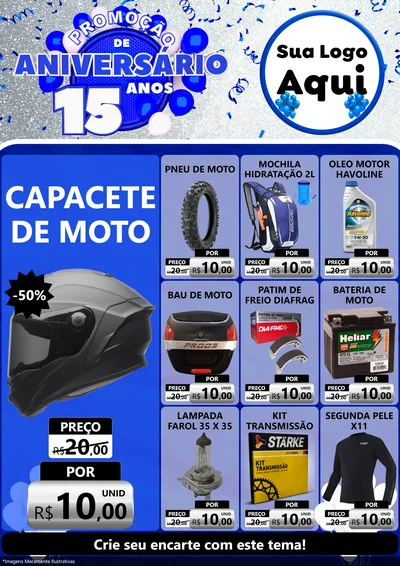 Modelo de Encarte para Encarte A4 Vertical com o tema Promoção de Aniversário - 15 Anos para Moto peças