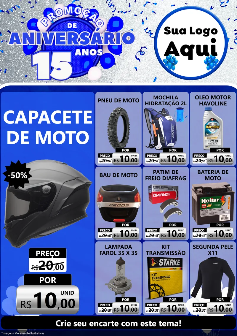 Modelo de Encarte para Encarte A4 Vertical com o tema Promoção de Aniversário - 15 Anos para Moto peças