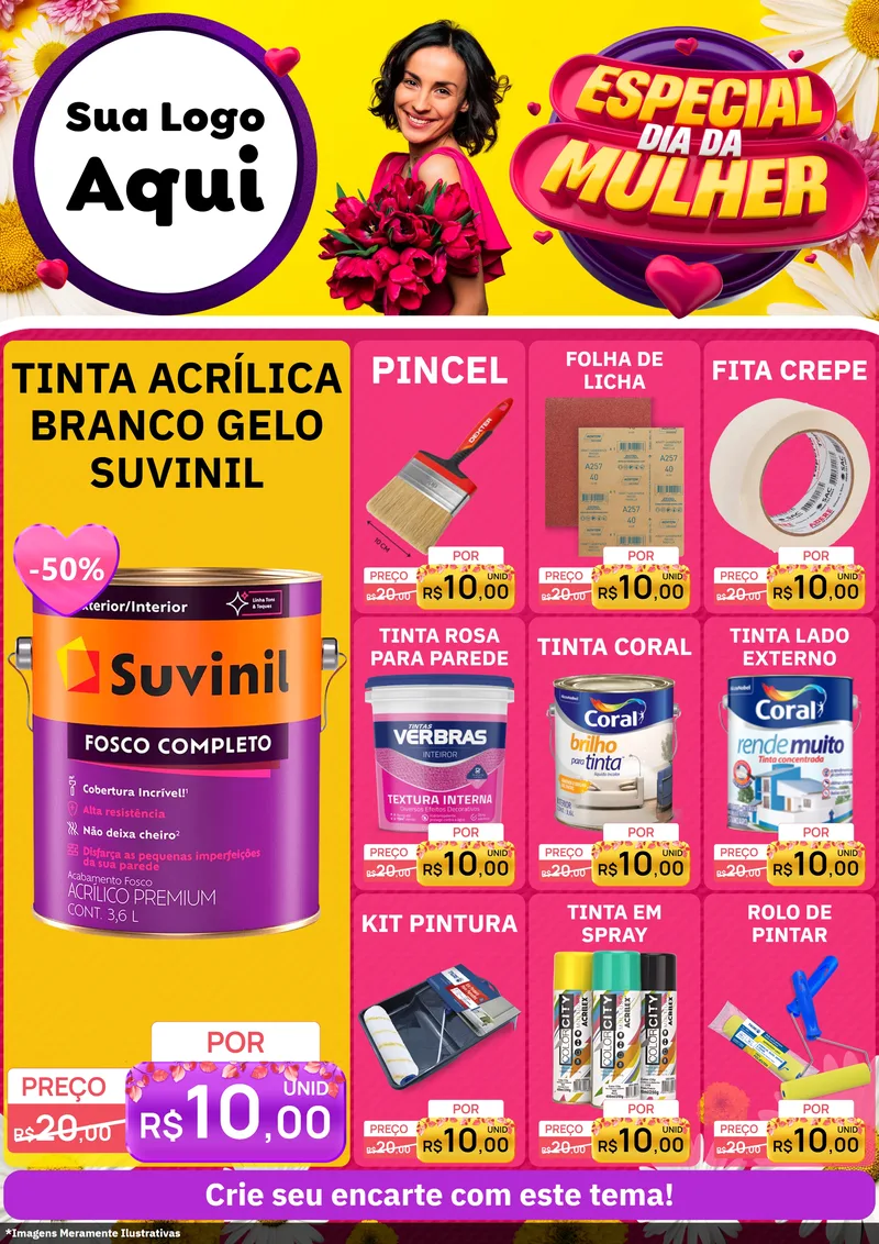 Modelo de Encarte para Encarte A4 Vertical com o tema Especial Dia da Mulher para Tintas e Ferramentas