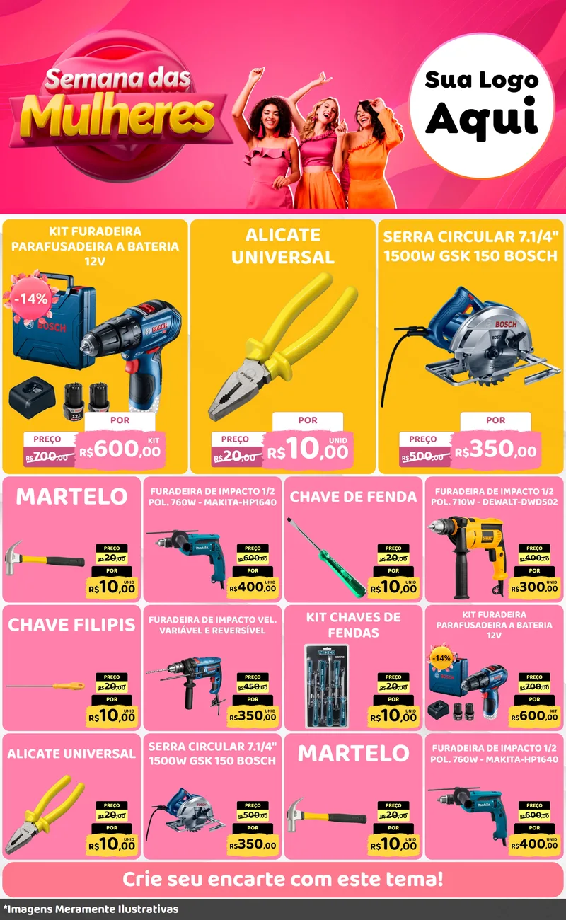 Modelo de Encarte para Encarte Grande com o tema Semana das Mulheres para Maquinas e Ferramentas