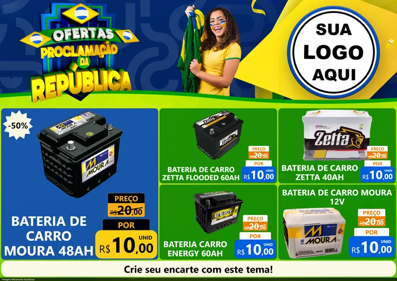 Modelo de Encarte para Encarte A4 Horizontal com o tema Ofertas Proclamação da República para Baterias Elétricas