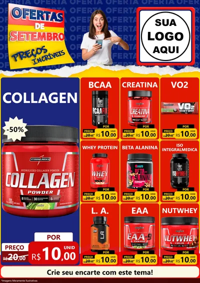 Modelo de Encarte para Encarte A4 Vertical com o tema Ofertas de Setembro - Preços Incríveis para Suplementos alimentares