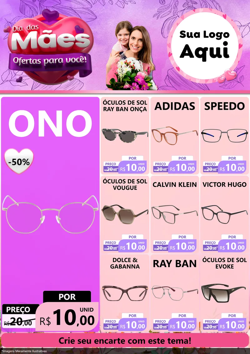 Modelo de Encarte para Encarte A4 Vertical com o tema Dia das Mães Ofertas para Você! para Óticas