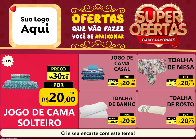 Modelo de Encarte para Encarte A4 Horizontal com o tema Dia dos Namorados para Cama, Mesa e Banho