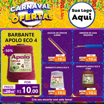 Modelo de Rede Social para Feed Facebook com o tema Carnaval de Ofertas para Armarinho e Aviamentos