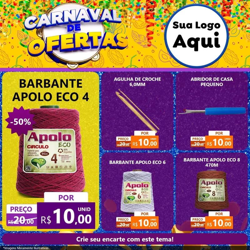Modelo de Rede Social para Feed Facebook com o tema Carnaval de Ofertas para Armarinho e Aviamentos