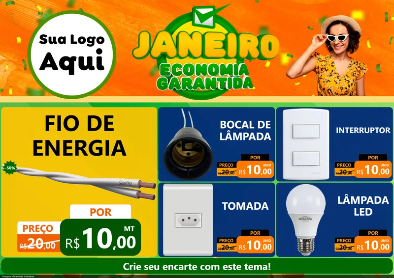 Modelo de Encarte para Encarte A4 Horizontal com o tema Janeiro - Economia Garantida para Materiais Elétricos