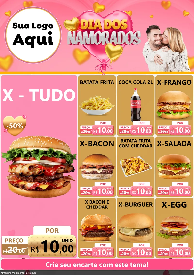 Modelo de Encarte para Encarte A4 Vertical com o tema Dia dos Namorados para Hamburgueria
