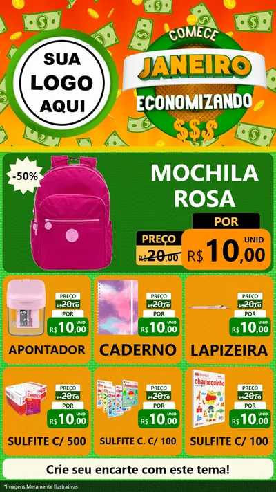 Modelo de Rede Social para Stories com o tema Comece Janeiro Economizando para Papelaria