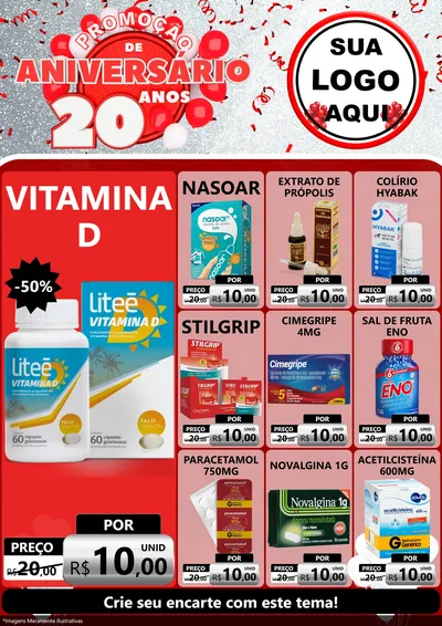 Modelo de Encarte para Encarte A4 Vertical com o tema Promoção de Aniversário - 20 Anos para Farmácia