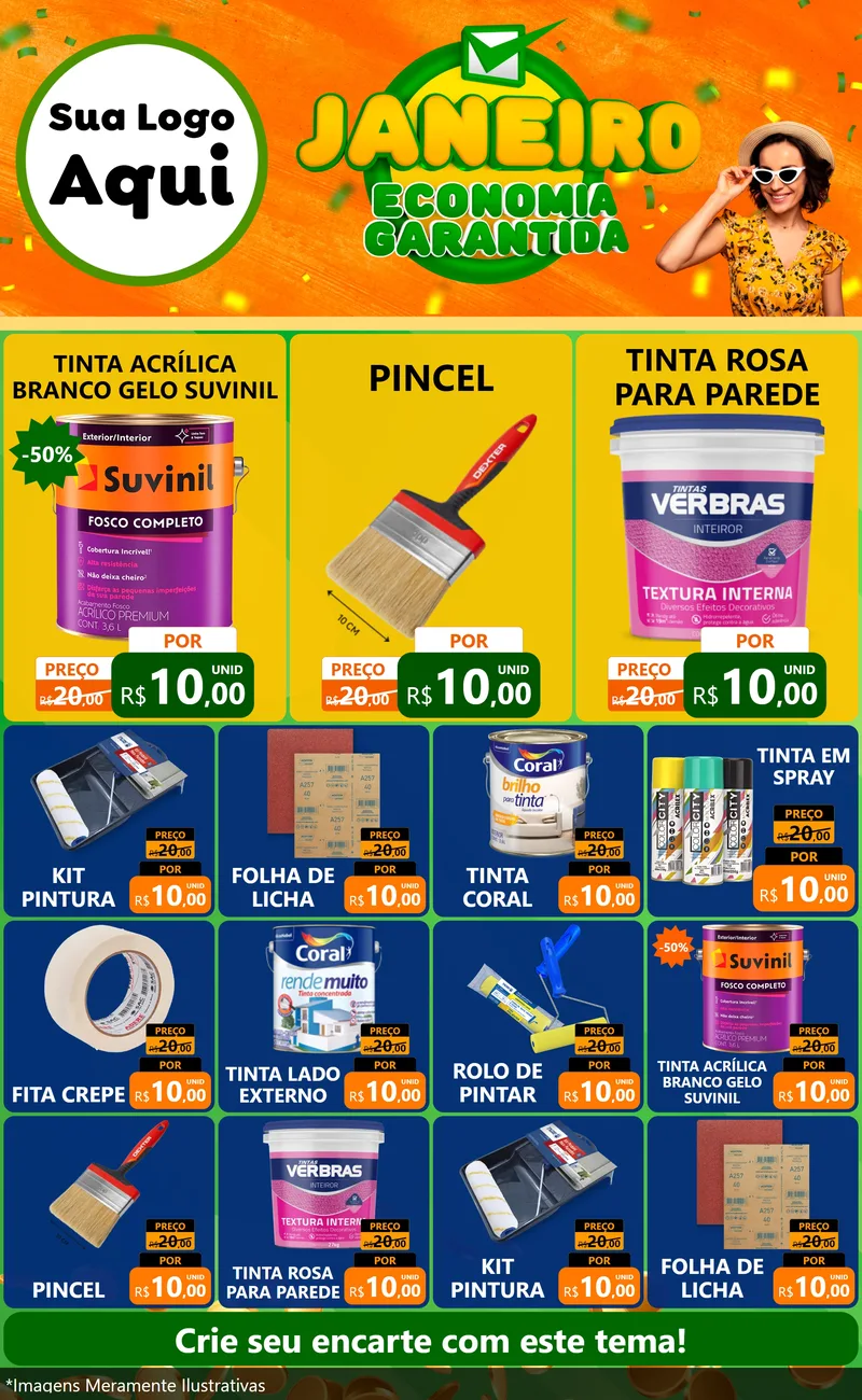 Modelo de Encarte para Encarte Grande com o tema Janeiro - Economia Garantida para Tintas e Ferramentas