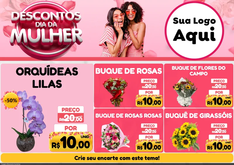 Modelo de Encarte para Encarte A4 Horizontal com o tema Descontos Dia da Mulher para Floricultura e jardim