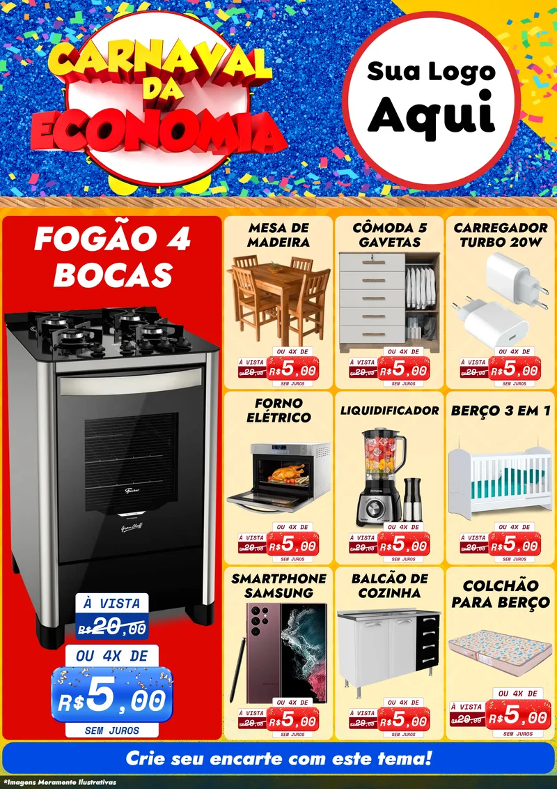 Modelo de Encarte para Encarte A4 Vertical com o tema Carnaval da Economia para Móveis e Eletro