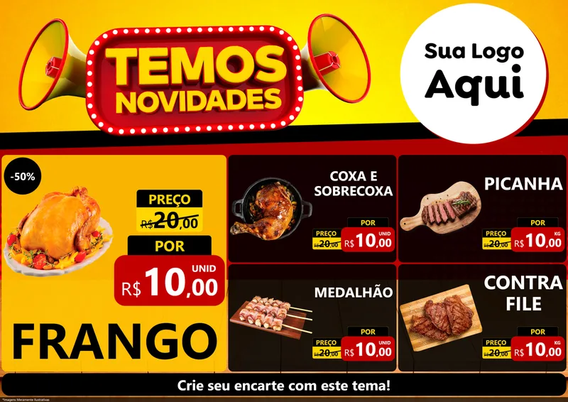 Modelo de Encarte para Encarte A4 Horizontal com o tema Temos Novidades para Assados
