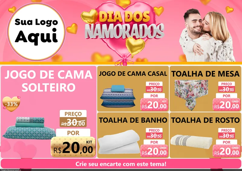Modelo de Encarte para Encarte A4 Horizontal com o tema Dia dos Namorados para Cama, Mesa e Banho