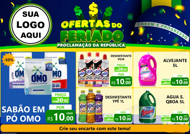 Modelo de Encarte para Encarte A4 Horizontal com o tema Ofertas do Feriado - Proclamação da República para Produtos de Limpeza