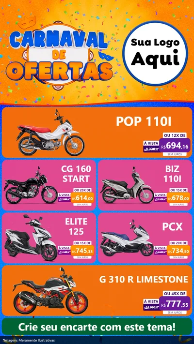 Modelo de TV para TV Vertical com o tema Carnaval de Ofertas para Concessionaria de Motos