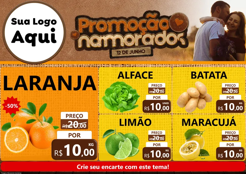 Modelo de Encarte para Encarte A4 Horizontal com o tema Promoção Namorados para Hortifrúti