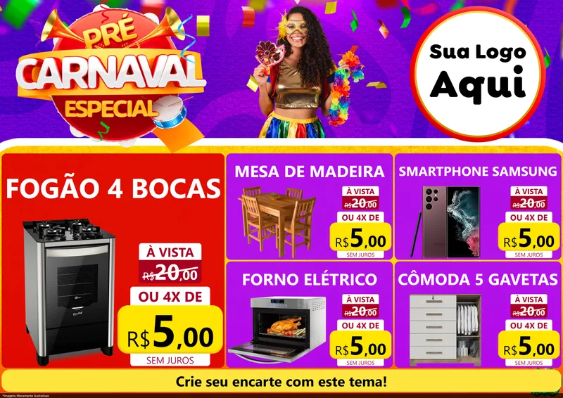 Modelo de Encarte para Encarte A4 Horizontal com o tema Pré-Carnaval Especial para Móveis e Eletro