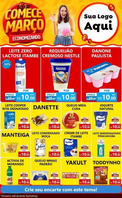 Modelo de Encarte para Encarte Grande com o tema Comece Março Economizando para Frios e Laticínios