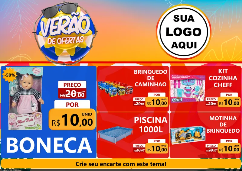 Modelo de Encarte para Encarte A4 Horizontal com o tema Verão de Ofertas para Brinquedos