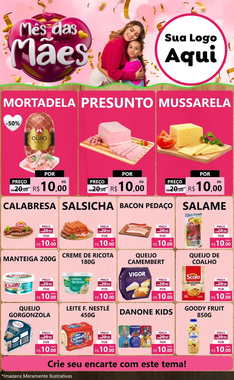 Modelo de Encarte para Encarte Grande com o tema Mês das Mães para Frios e Laticínios