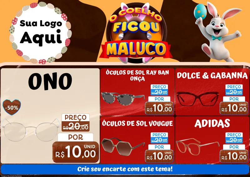 Modelo de Encarte para Encarte A4 Horizontal com o tema O Coelho Ficou Maluco - Páscoa para Óticas