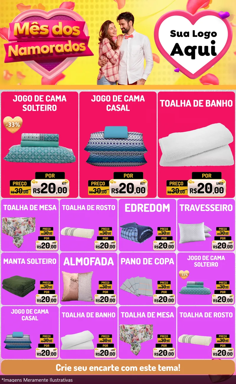 Modelo de Encarte para Encarte Grande com o tema Mês dos Namorados para Cama, Mesa e Banho