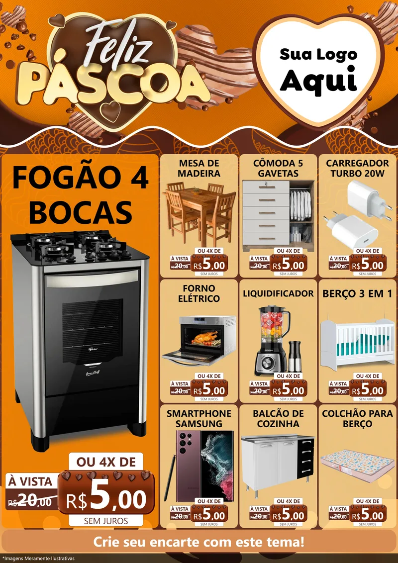 Modelo de Encarte para Encarte A4 Vertical com o tema Feliz Páscoa para Móveis e Eletro