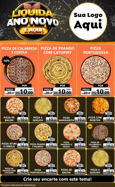 Modelo de Encarte para Encarte Grande com o tema Liquida Ano Novo É Aqui! para Pizzaria