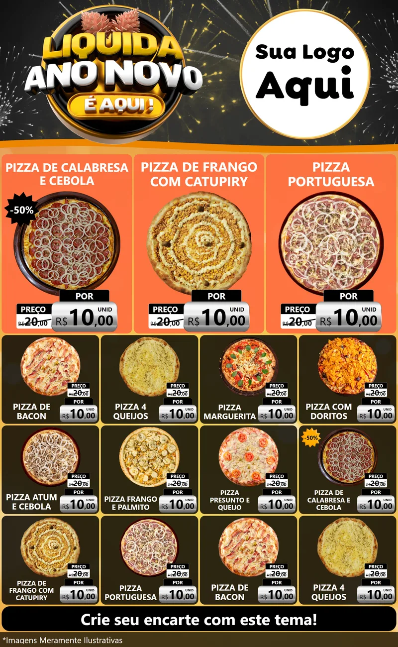 Modelo de Encarte para Encarte Grande com o tema Liquida Ano Novo É Aqui! para Pizzaria