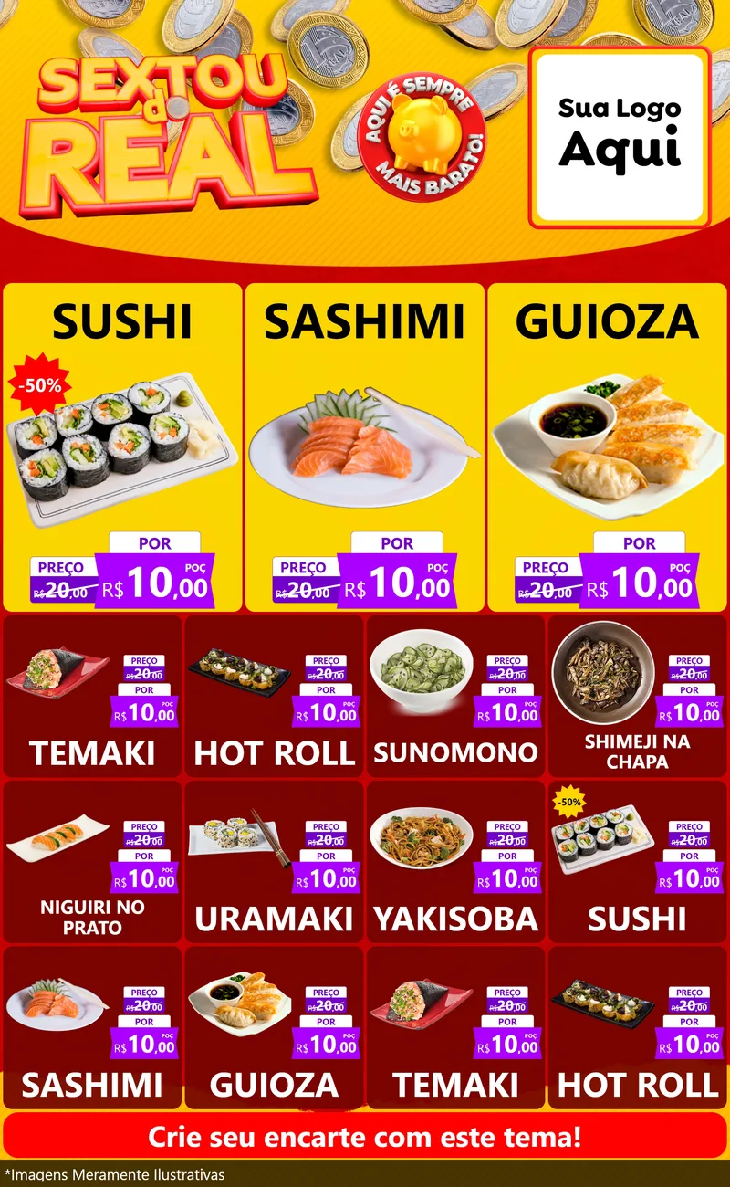 Modelo de Encarte para Encarte Grande com o tema Sextou do Real para Comida japonesa