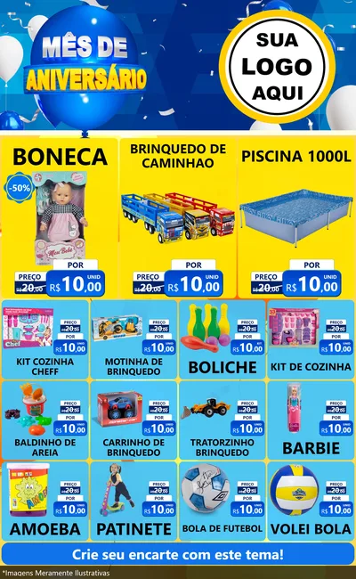 Modelo de Encarte para Encarte Grande com o tema Mês de Aniversário para Brinquedos