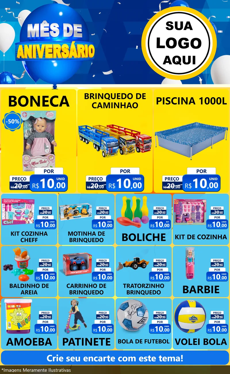 Modelo de Encarte para Encarte Grande com o tema Mês de Aniversário para Brinquedos