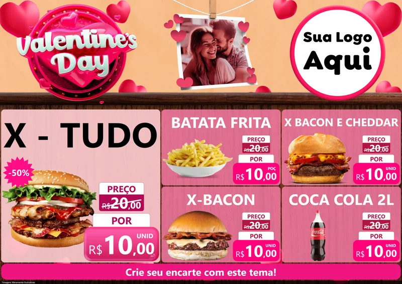 Modelo de Encarte para Encarte A4 Horizontal com o tema Valentine's Day para Hamburgueria