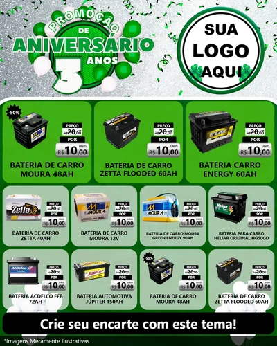 Modelo de Rede Social para Feed Instagram com o tema Promoção de Aniversário - 3 Anos para Baterias Elétricas