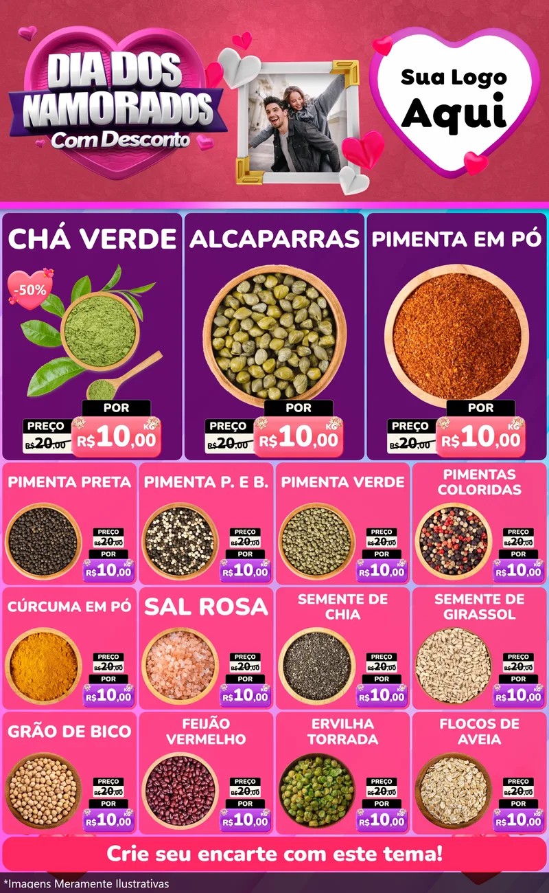 Modelo de Encarte para Encarte Grande com o tema Dia Dos Namorados Com Desconto para Produtos Naturais