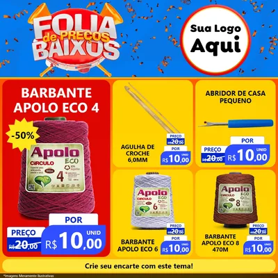 Modelo de Rede Social para Feed Facebook com o tema Folia de Preços Baixos para Armarinho e Aviamentos