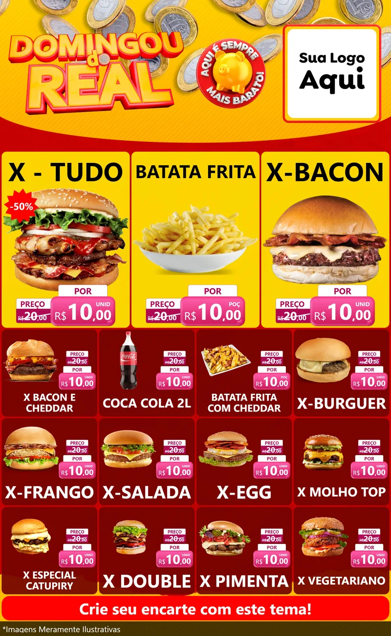 Modelo de Encarte para Encarte Grande com o tema Domingou do Real para Hamburgueria