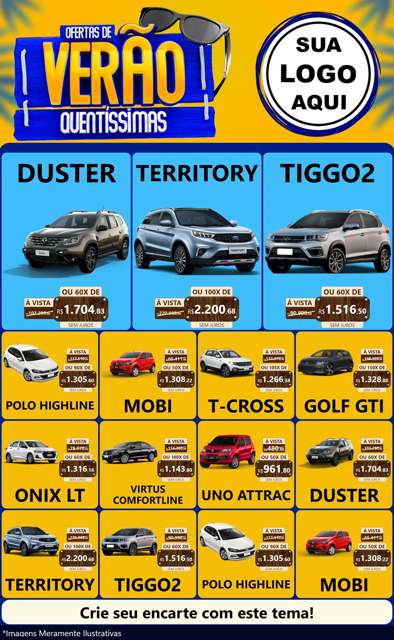 Modelo de Encarte para Encarte Grande com o tema Ofertas de Verão Quentíssimas para Concessionaria de Carros