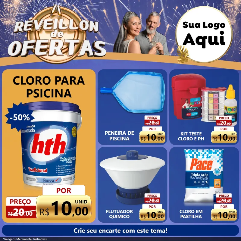 Modelo de Rede Social para Feed Facebook com o tema Réveillon de Ofertas para Produtos para Piscina