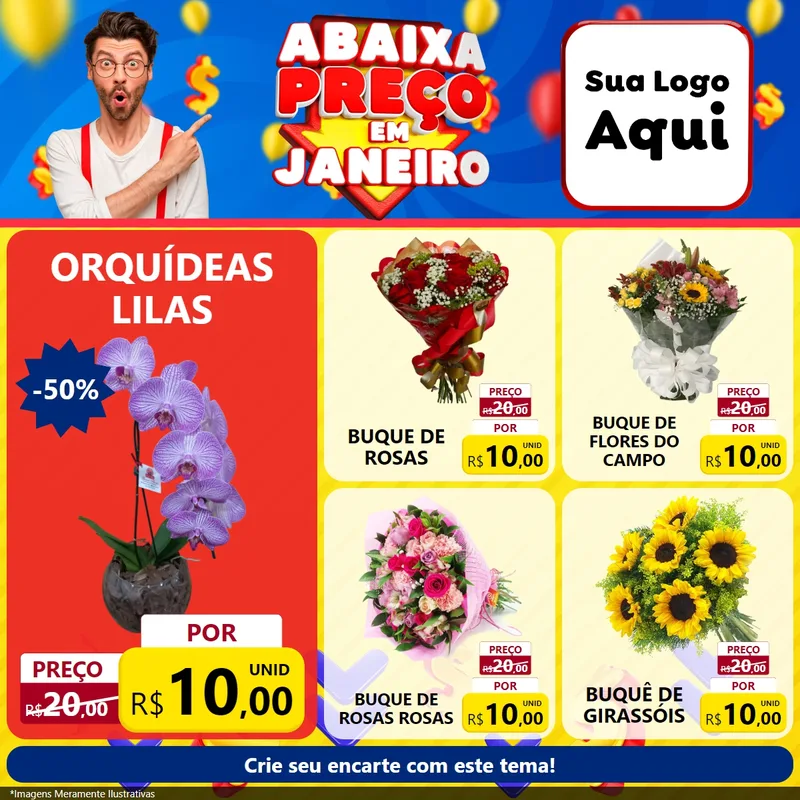 Modelo de Rede Social para Feed Facebook com o tema Abaixa Preço em Janeiro para Floricultura e jardim