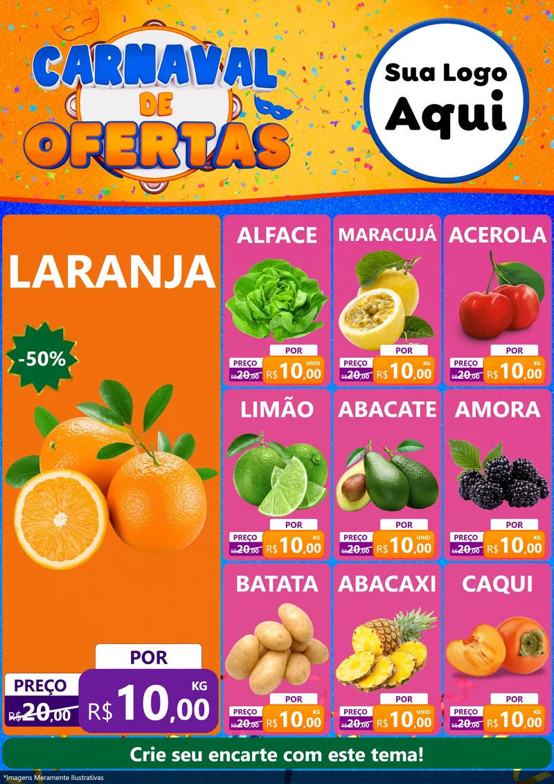 Modelo de Encarte para Encarte A4 Vertical com o tema Carnaval de Ofertas para Hortifrúti