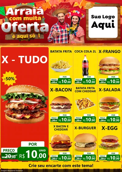 Modelo de Encarte para Encarte A4 Vertical com o tema Arraiá Com Muita Oferta - É Aqui Sô! para Hamburgueria