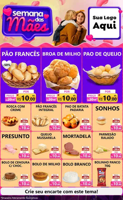 Modelo de Encarte para Encarte Grande com o tema Semana das Mães para Padaria