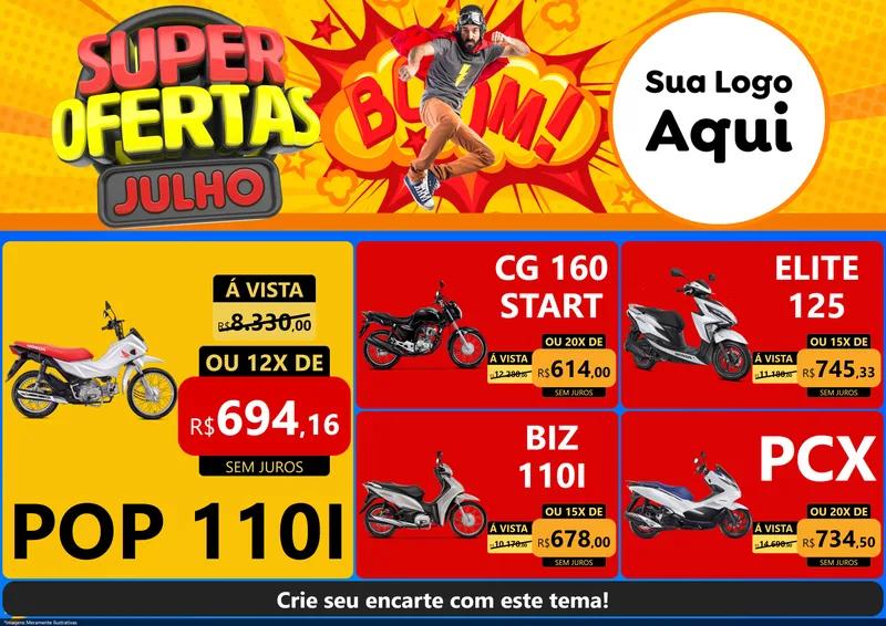 Modelo de Encarte para Encarte A4 Horizontal com o tema Super Ofertas Julho para Concessionaria de Motos