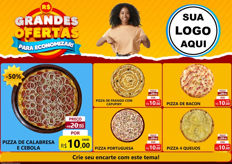 Modelo de Encarte para Encarte A4 Horizontal com o tema Grandes Ofertas Para Economizar! para Pizzaria