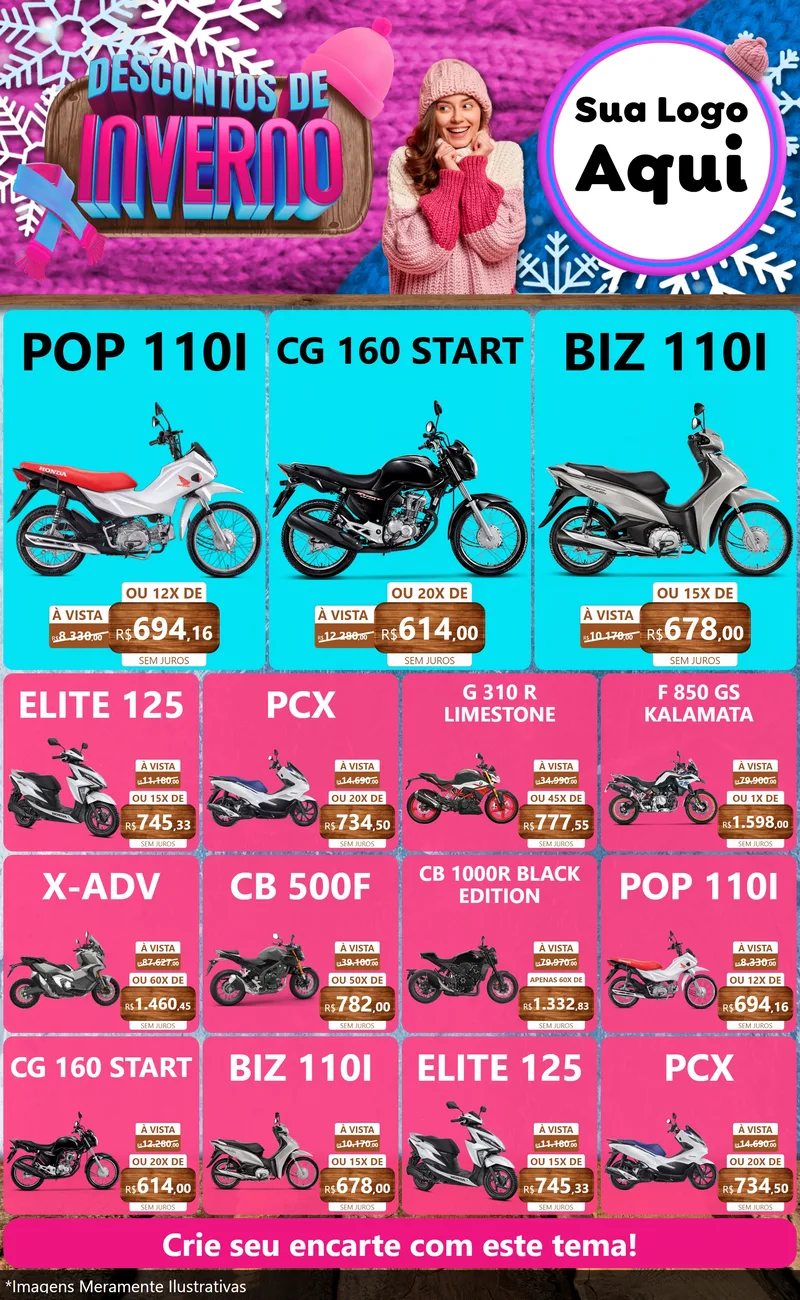 Modelo de Encarte para Encarte Grande com o tema Descontos de Inverno para Concessionaria de Motos